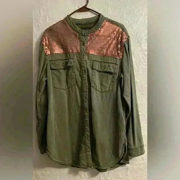 Anthropologie Army Green Cotton Blend Shirt Jacket with Copper Sequins; size 14 - Picture 1 of 7